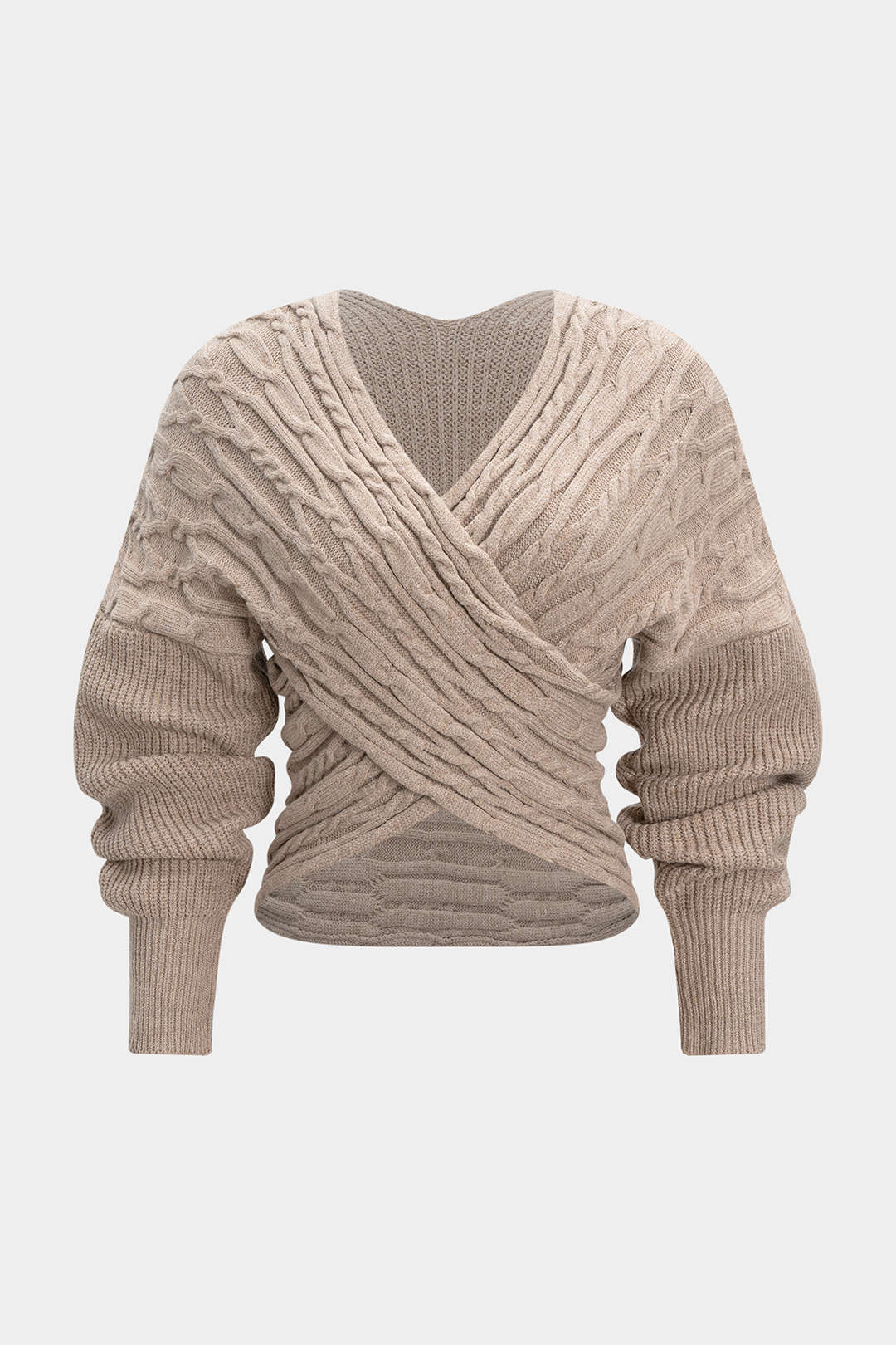 "Cable Knit Crossed V-Neck Long-Sleeve Top"
