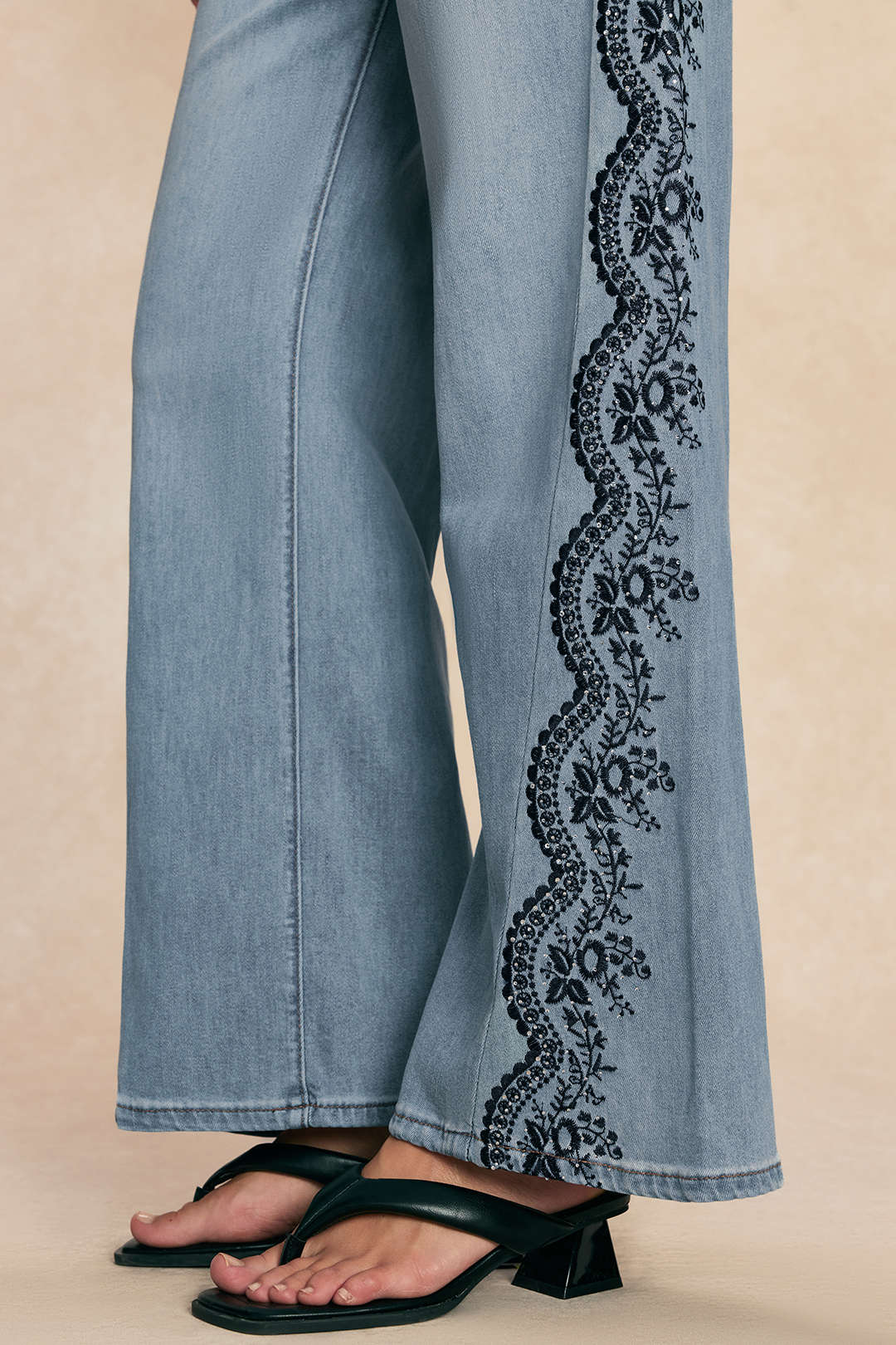 "Denim Embroidery Straight Leg Jeans"