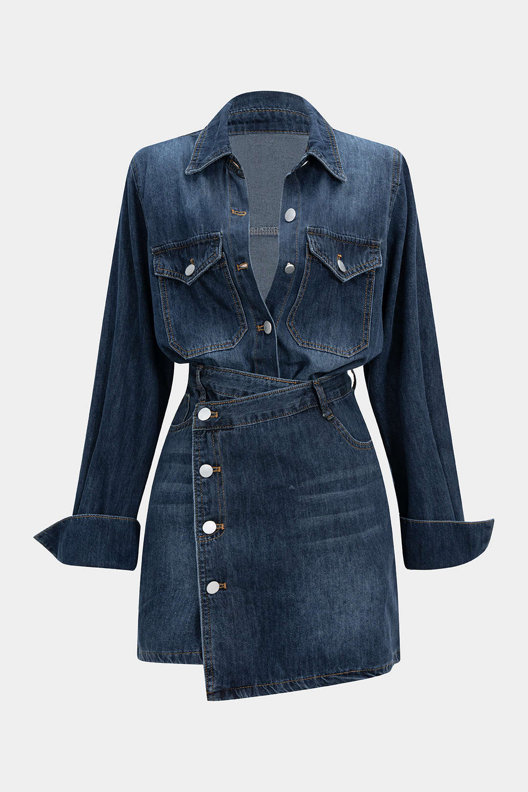"Denim Button Long-Sleeve Top And High Waist Mini Skirt Set"