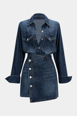 "Denim Button Long-Sleeve Top And High Waist Mini Skirt Set"