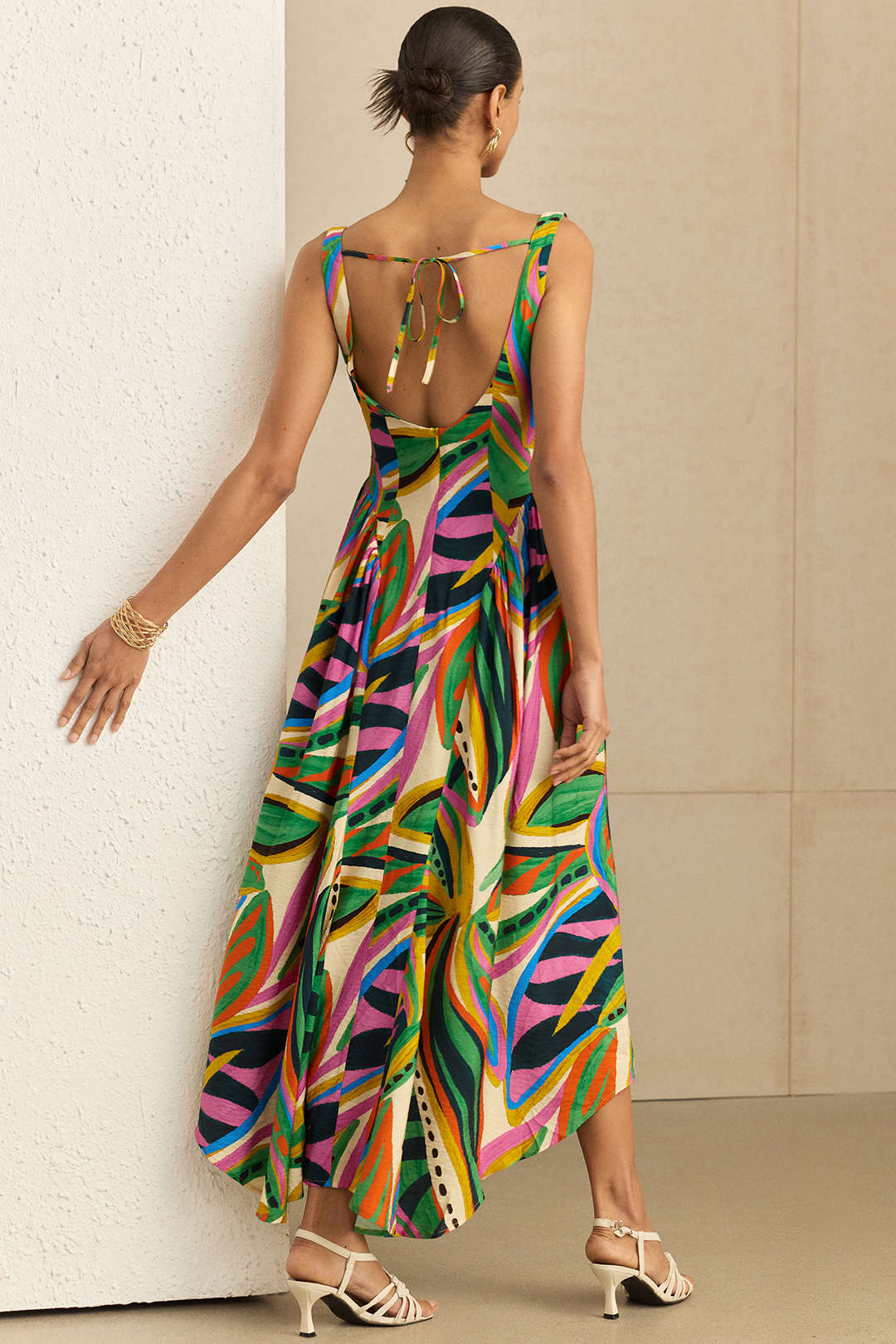 "Abstract Print Ruched Sleeveless Maxi Dress"