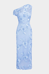 "3D Floral Mesh One Shoulder Short Sleeve Maxi Dress"