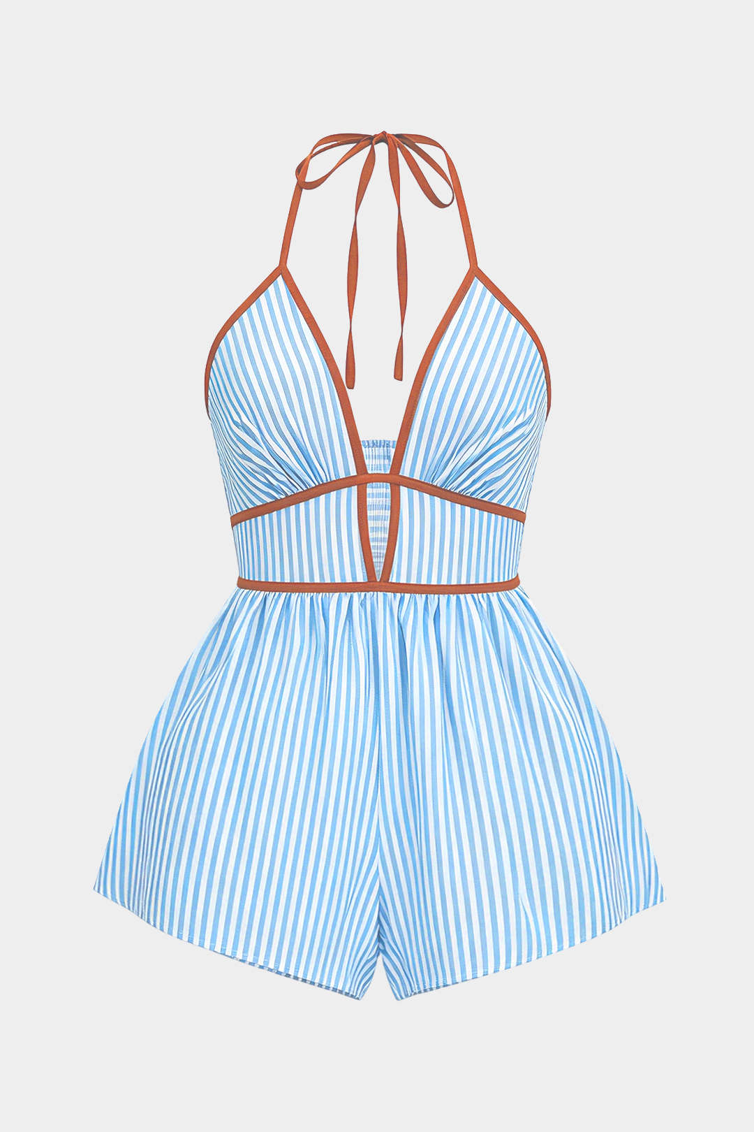 "Contrast Stripes Print Halter Neck Tie-Up Sleeveless Romper"