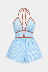 "Contrast Stripes Print Halter Neck Tie-Up Sleeveless Romper"
