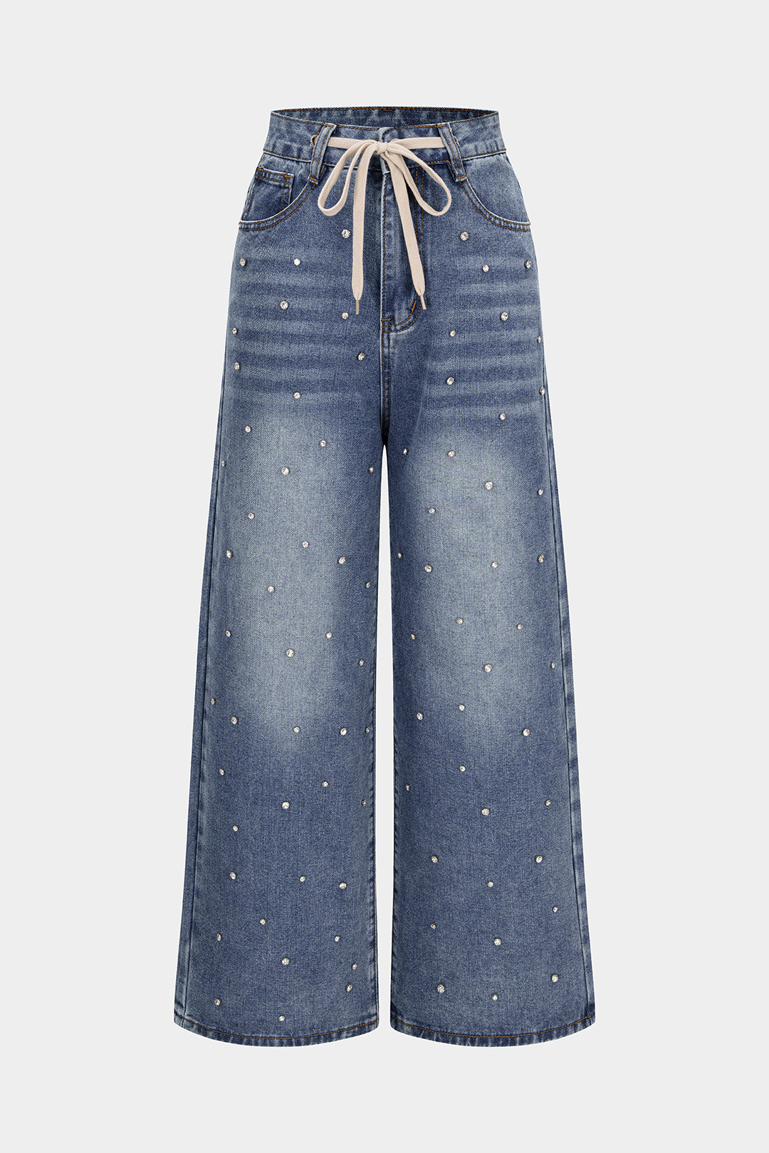 "Denim Drawstring Beads Decor High Waist Wide Leg Jeans"