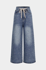 "Denim Drawstring Beads Decor High Waist Wide Leg Jeans"