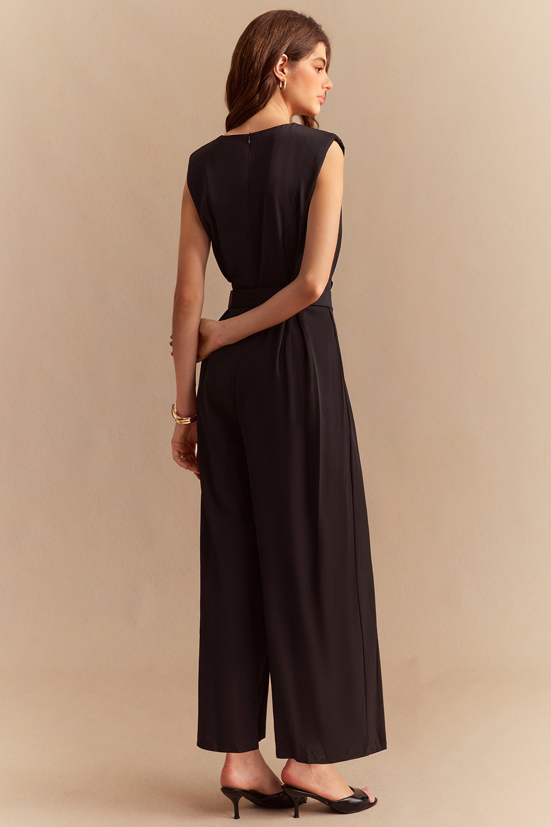 "Chiffon Round Neck Belted Sleeveless Wide Leg Jumpsuit"