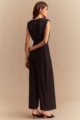 "Chiffon Round Neck Belted Sleeveless Wide Leg Jumpsuit"