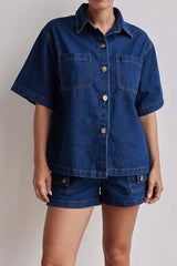 "Denim Button Short-Sleeve Shirt And Pocket Shorts Set"