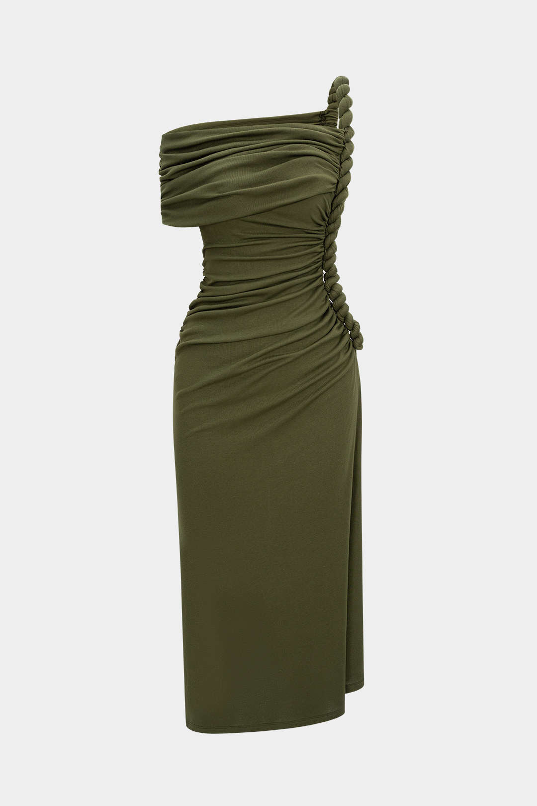 "Asymmetrical Shoulder Ruched Twist Knot Sleeveless Maxi Dress"