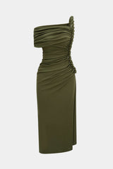 "Asymmetrical Shoulder Ruched Twist Knot Sleeveless Maxi Dress"