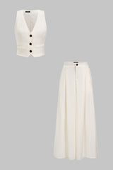 "Button V-Neck Vest And Wide-Leg Pants Set"