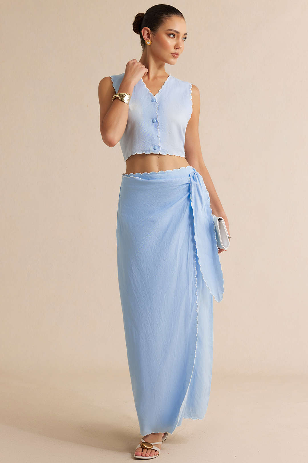 "Contrast Whipstitching Linen Tie Front Wrap Skirt"