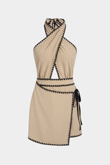 "Contrast Crossed Halter Neck Asymmetrical Cut Out Tie-Up Sleeveless Mini Dress"