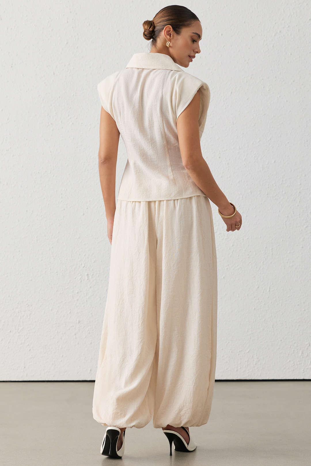 "Asymmetrical Button Ruched Wide Leg Pants"