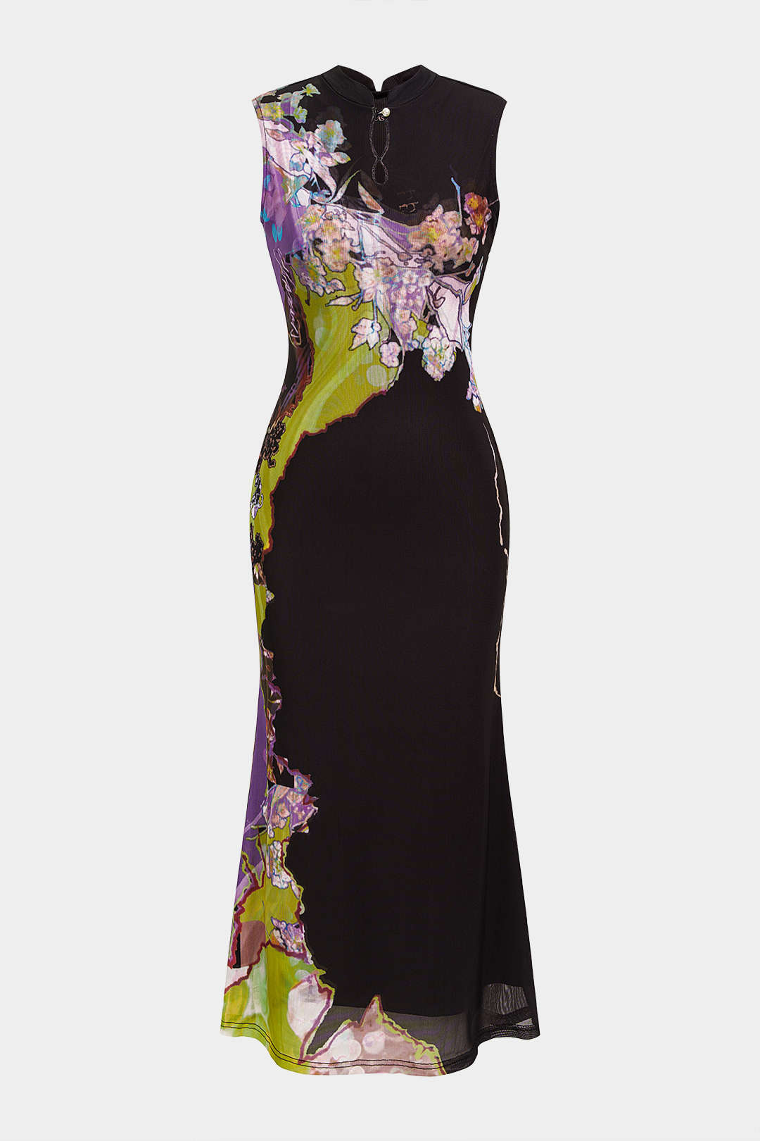 "Contrast Floral Print Mesh Patchwork Sleeveless Midi Dress"