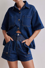 "Denim Button Short-Sleeve Shirt And Pocket Shorts Set"