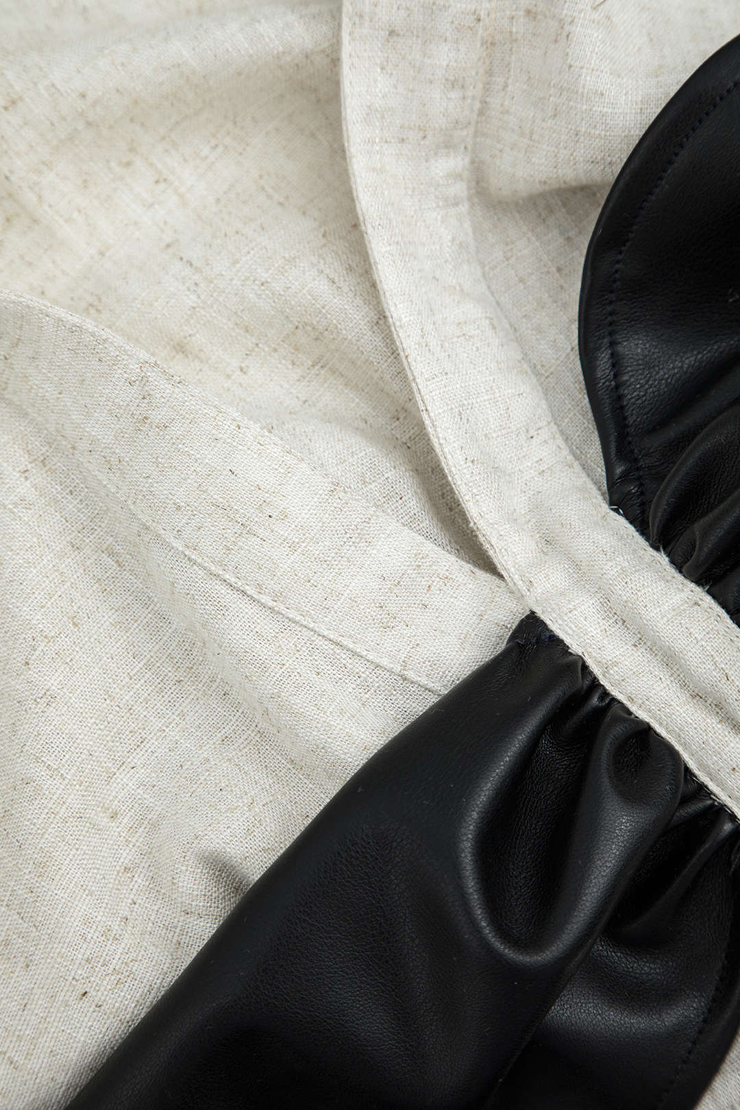 "Color Block Faux Leather Linen Ruched Long-Sleeve Shirt"