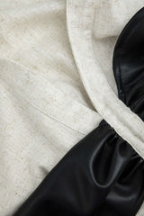 "Color Block Faux Leather Linen Ruched Long-Sleeve Shirt"