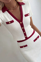 "Contrast Trim Textured Button Short Sleeve Top"