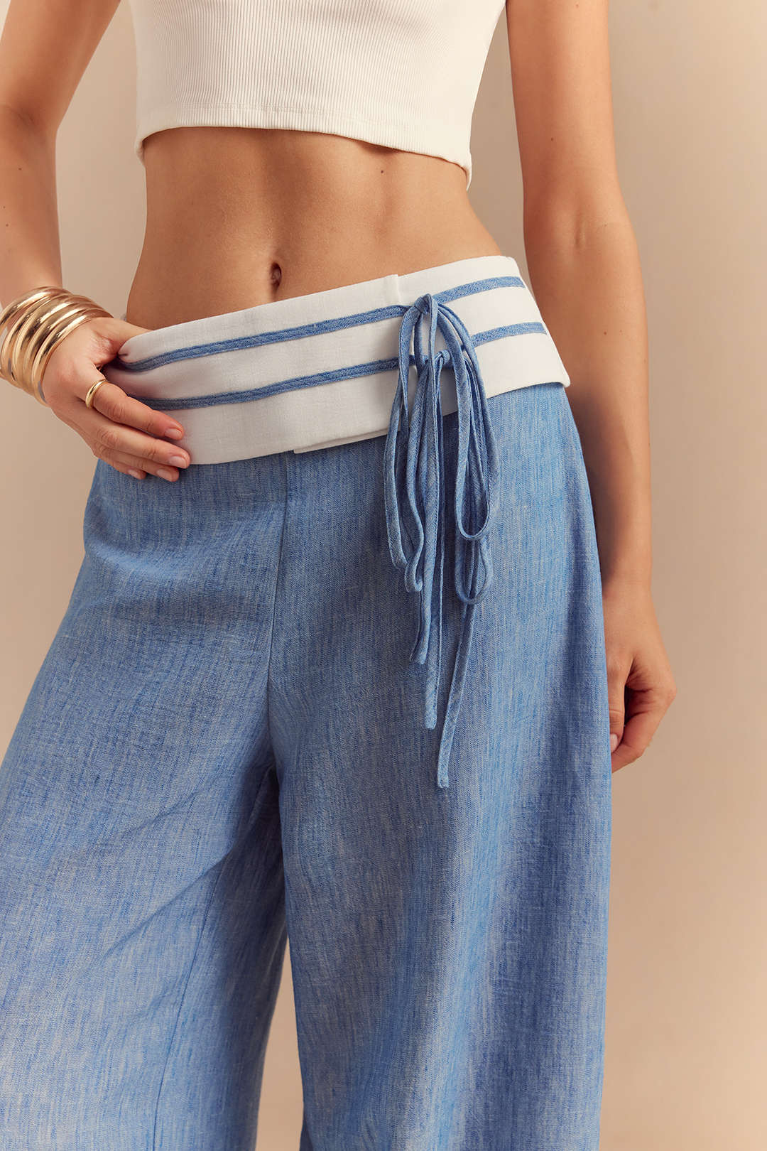 "Contrast Tie Front Wide Leg Pants"