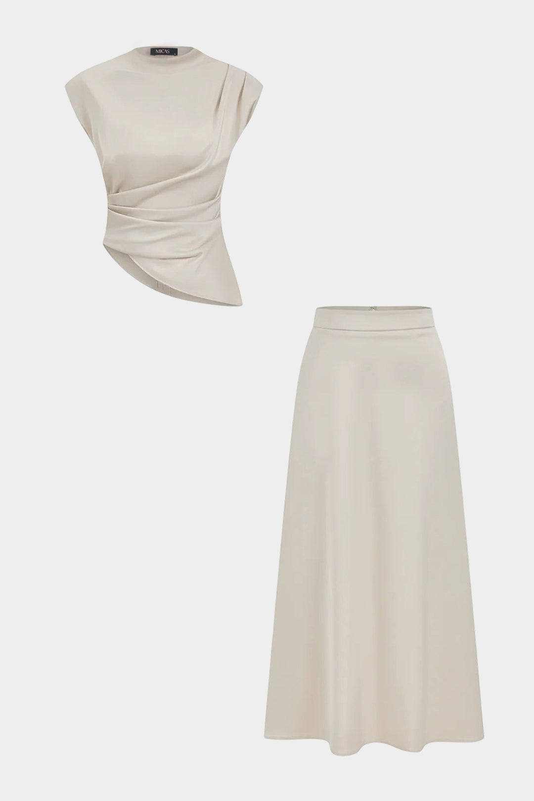 "Asymmetrical Satin Draped Cap Sleeves Top And High Waist A-Line Skirt Set"