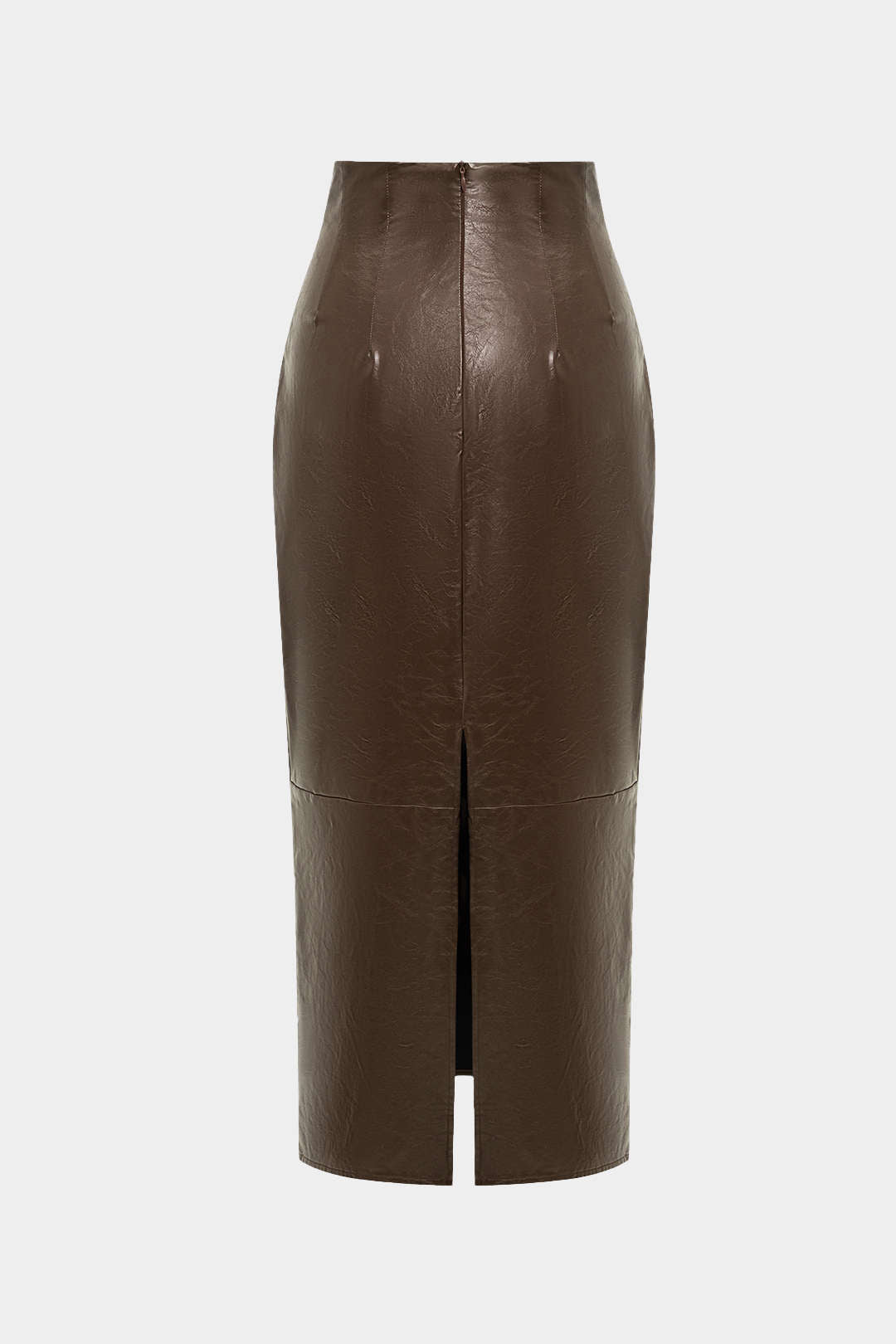 "Basic Solid Faux Leather Midi Skirt"