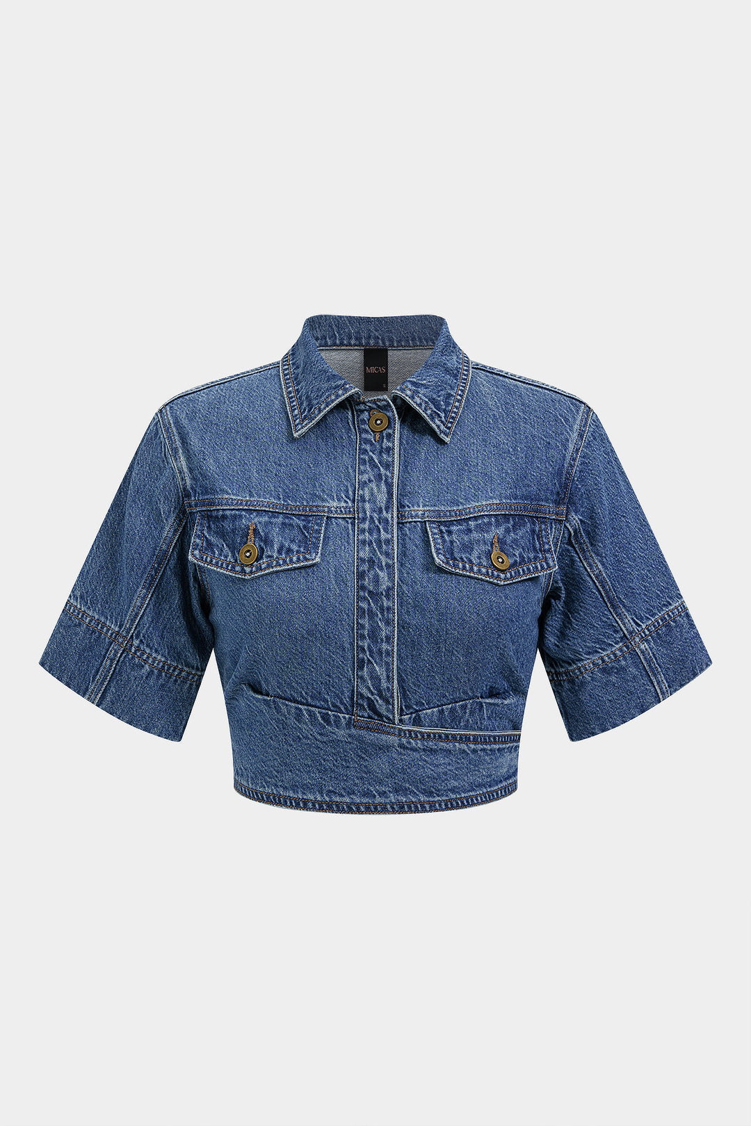 "Denim Lapel Button Short Sleeve Cropped Shirt"