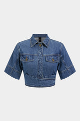 "Denim Lapel Button Short Sleeve Cropped Shirt"