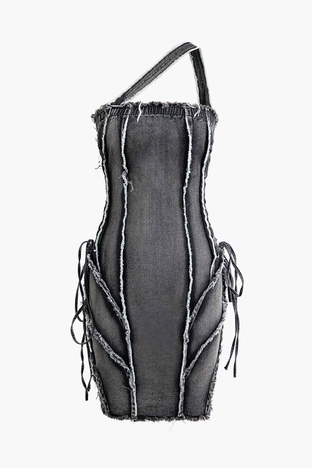 "Asymmetric Frayed Denim Mini Dress"