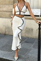 "Contrast Trim Cut-Out Halter Neck Tie-Up Top And Asymmetrical Ruched Skirt Set"