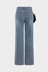 "Bow Tie Patchwork Pocket Straight Leg Jeans"