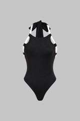 "Contrast Halter Neck Twist Knot Backless Tie-Up Sleeveless Bodysuit"