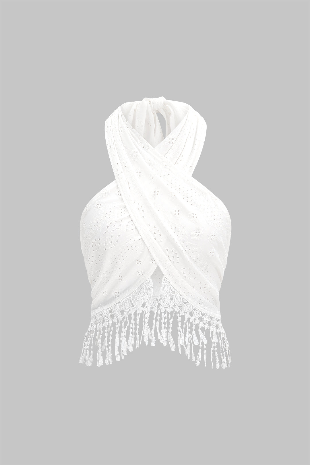 "Crossed Halter Neck Fringe Hollow Out Backless Tank Top"