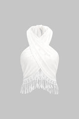 "Crossed Halter Neck Fringe Hollow Out Backless Tank Top"