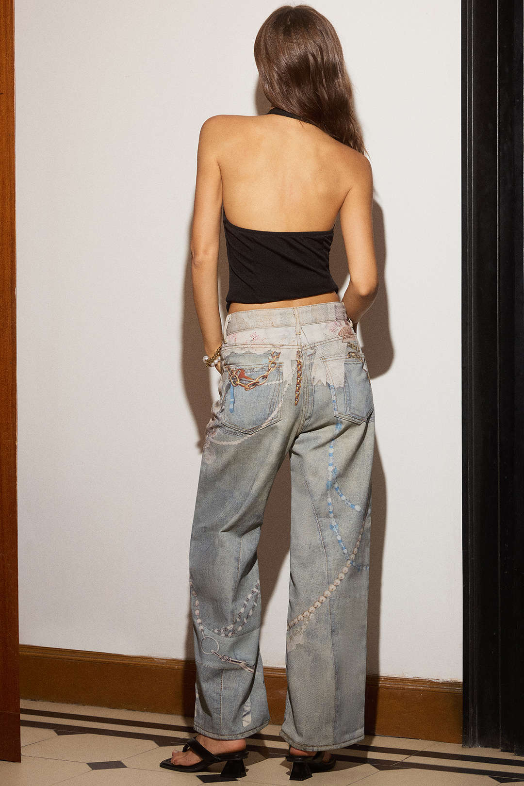 "Denim Abstract Print Low Waist Wide Leg Pants"