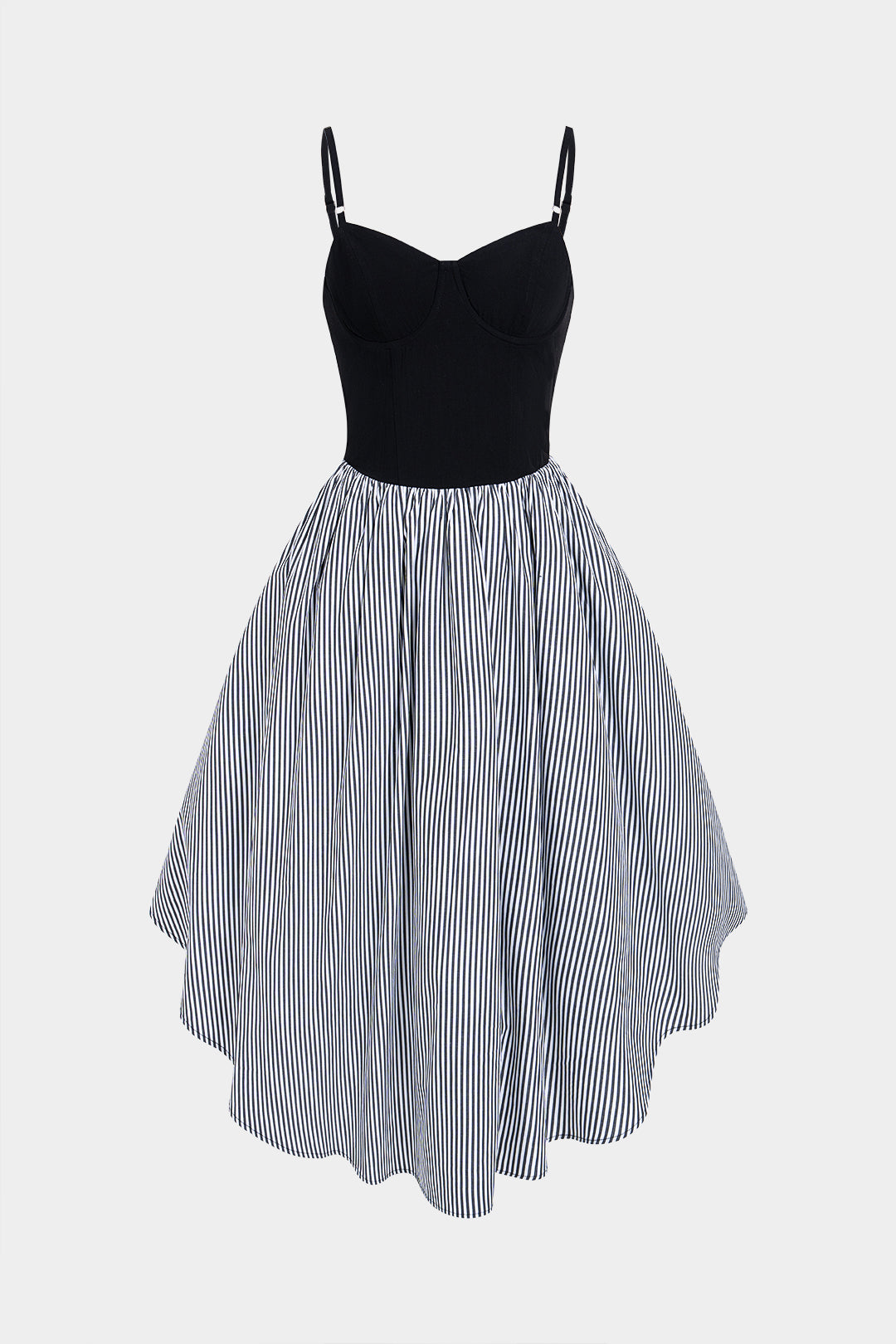 "Contrast Stripes Print Asymmetrical Ruched Sleeveless Midi Dress"