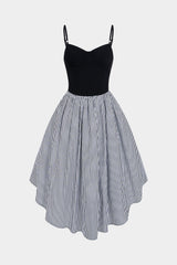 "Contrast Stripes Print Asymmetrical Ruched Sleeveless Midi Dress"