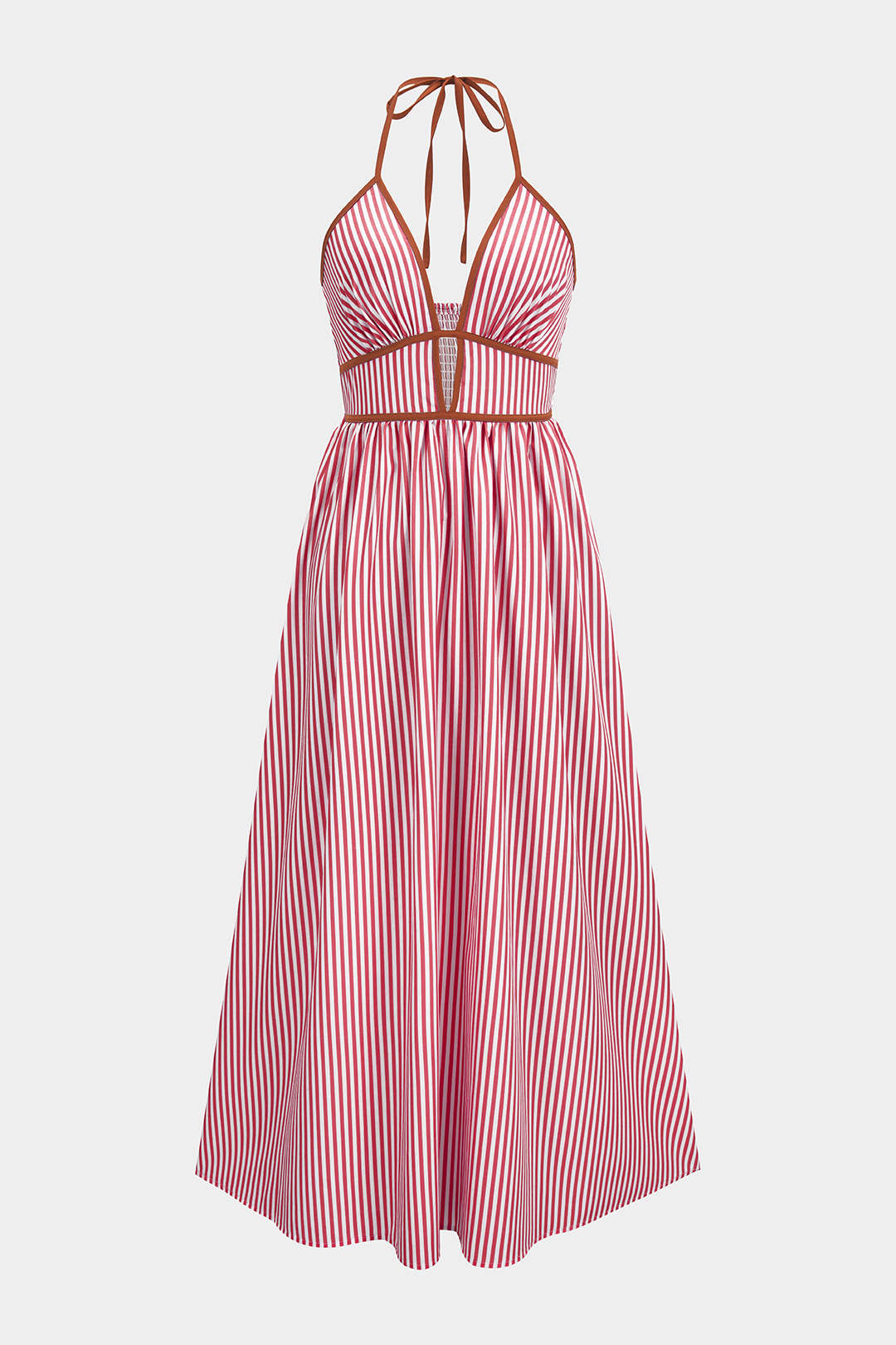 "Contrast Stripes Print V-Neck Halter Neck Sleeveless Maxi Dress"