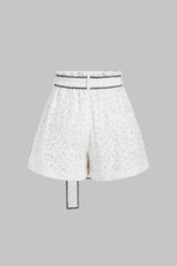 "Contrast Whipstitching Lace Tie-Up Wide Leg Shorts"