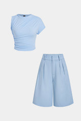 "Asymmetrical Ruched Top And Pleated Wide Leg Shorts Set"