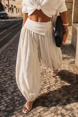 "Asymmetrical Button Ruched Wide Leg Pants"