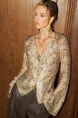 "Abstract Print Ruffle Neck Long-Sleeve Shirt"