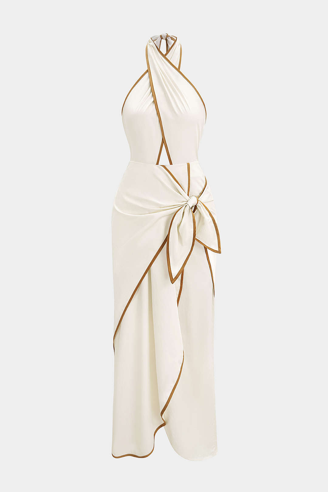 "Contrast Binding Crossed Halter Asymmetrical Tie-Up Backless Sleeveless Midi Dress"