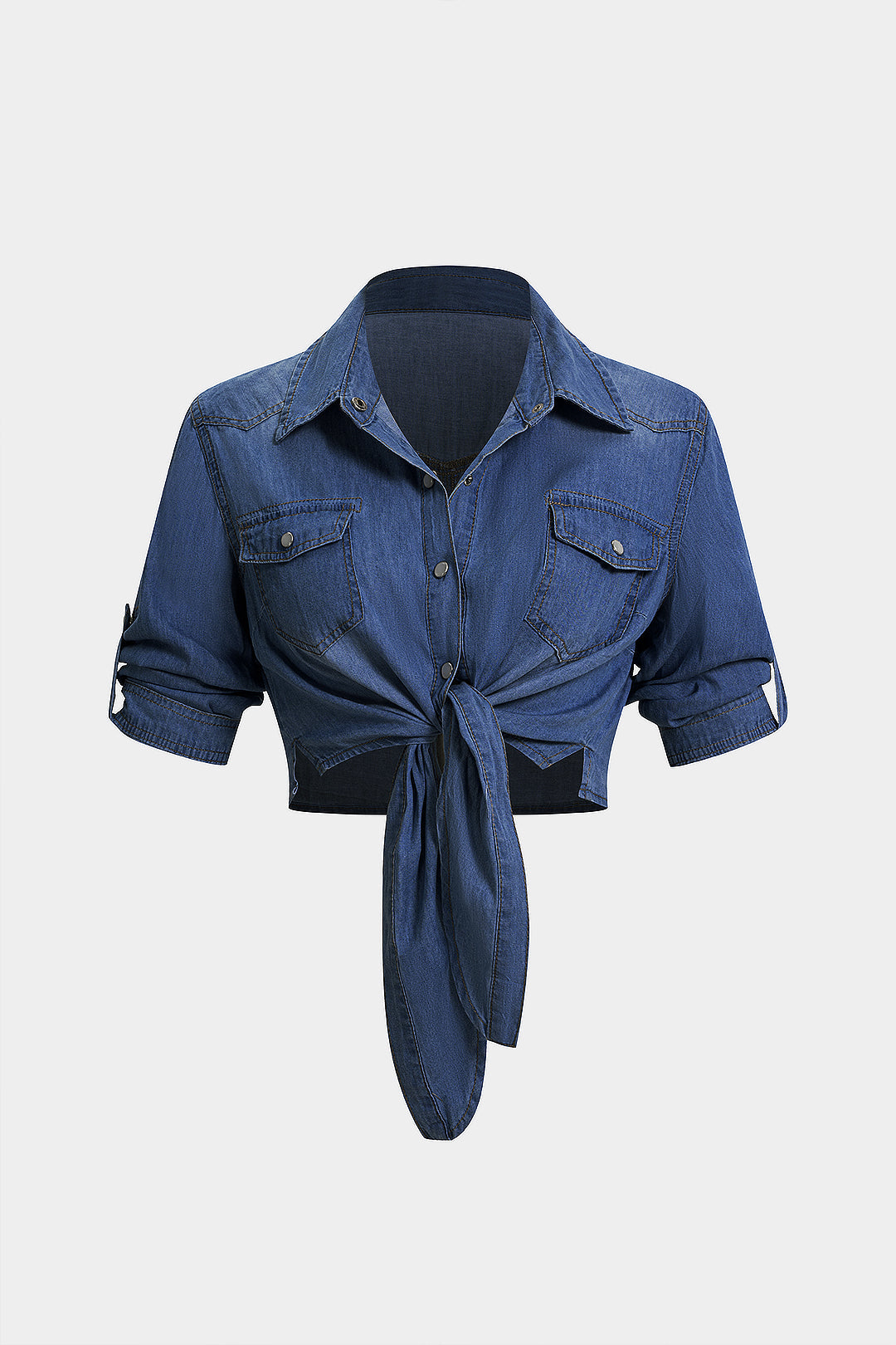 "Denim Lapel Knotted Short Sleeve Shirt"