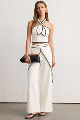 "Contrast Binding Linen Ruched Twist Knot Wide Leg Pants"