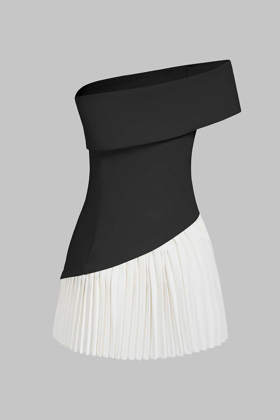 "Contrast Off Shoulder Metallic Asymmetrical Pleated Sleeveless Mini Dress"