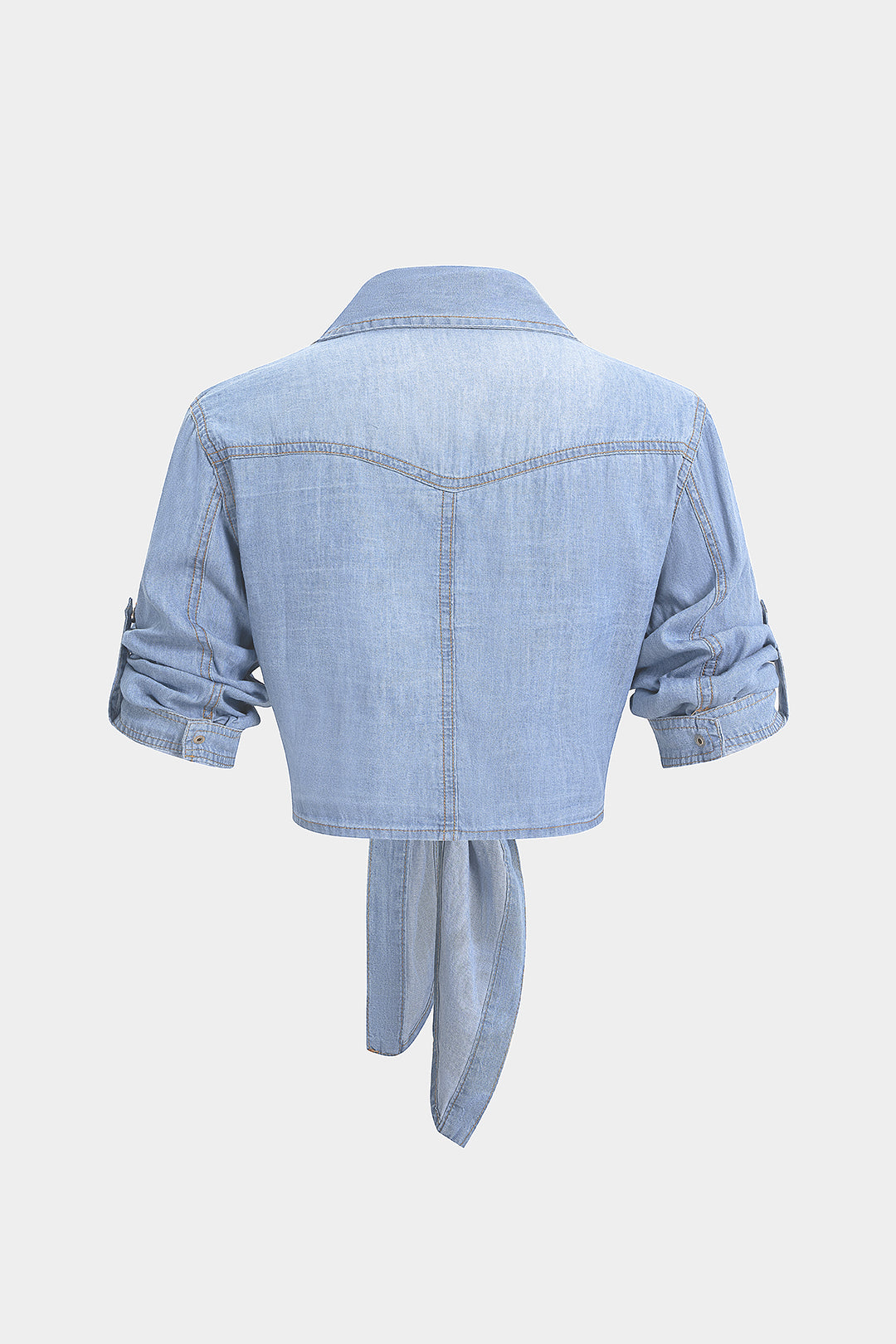 "Denim Lapel Knotted Short Sleeve Shirt"