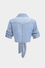 "Denim Lapel Knotted Short Sleeve Shirt"