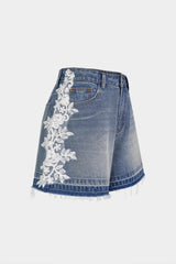 "Denim Lace Trim Embroidery Shorts"